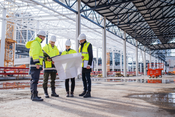 Front view of group of engineers with blueprints standing on construction site.