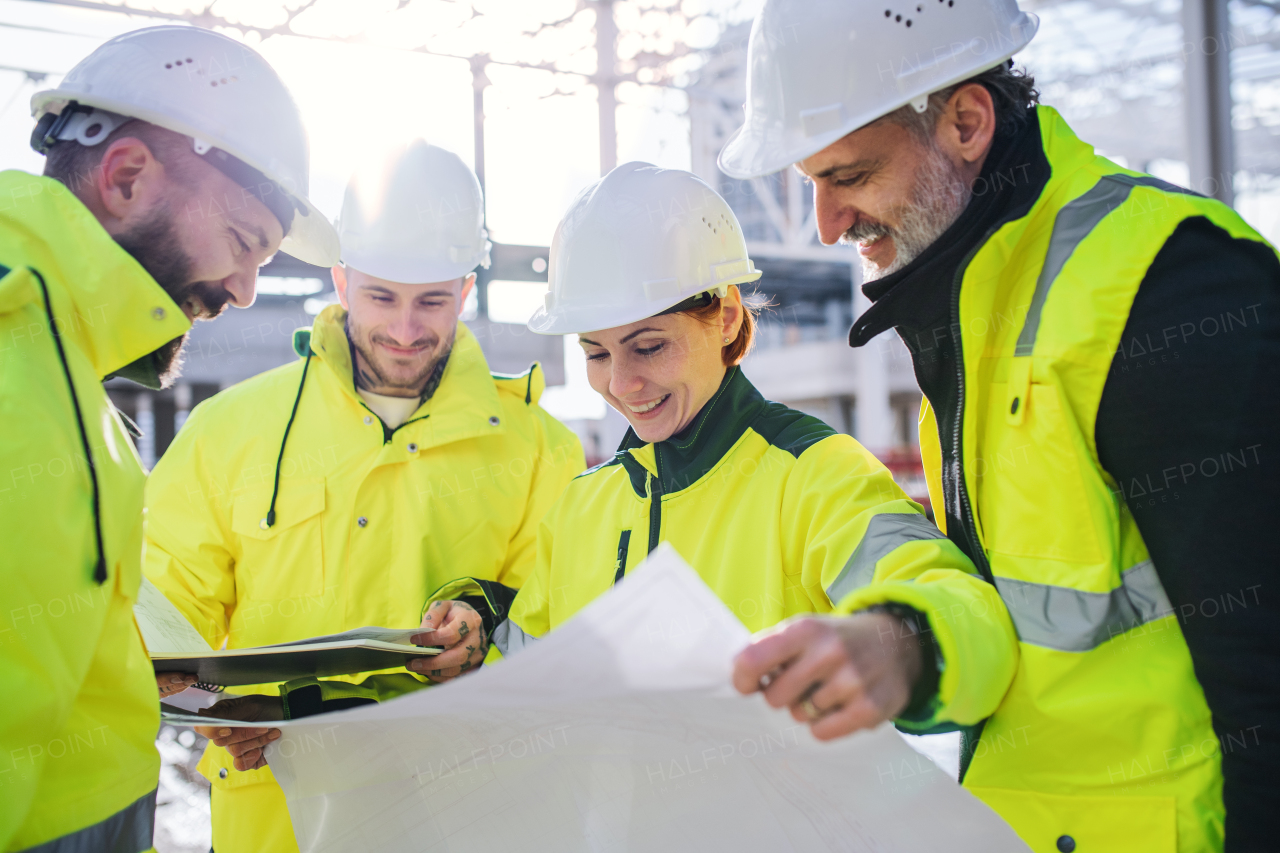 A group of male and female engineers standing on construction site, working.