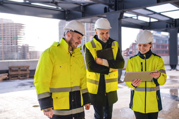 A group of engineers standing outdoors on construction site, using tablet.