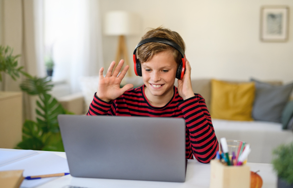 Schoolboy having online lesoon indoors at home, greeting teacher and coronavirus concept.