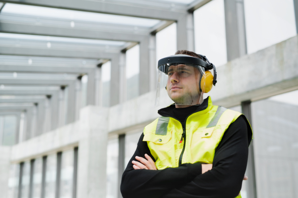 Portrait of worker with protective shield standing at the airport, arms crossed.