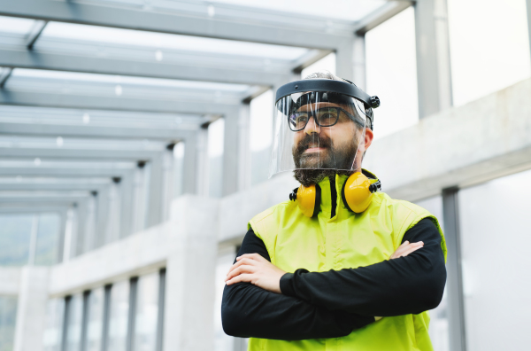 Portrait of worker with protective shield standing at the airport, arms crossed.