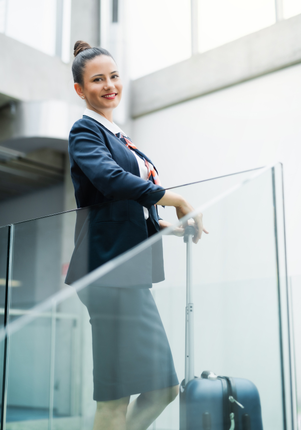 Front view portrait of attractive flight attendant standing on airport, looking at camera.