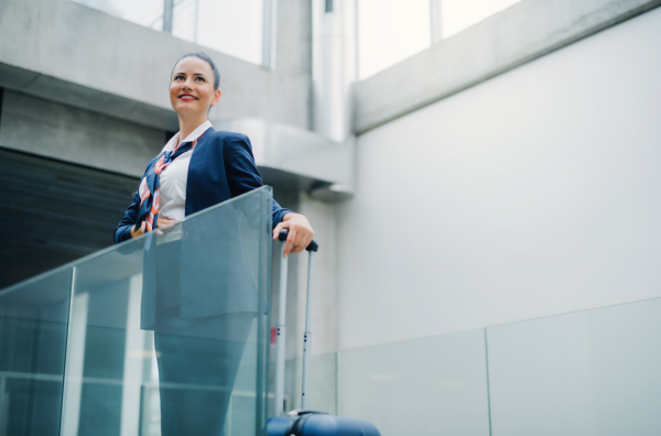 Portrait of attractive flight attendant with suitcase standing on airport.