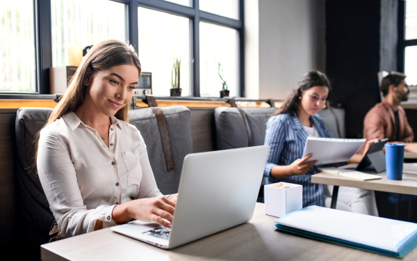 Portrait of young businesspeople with laptop sitting and working indoors in office.