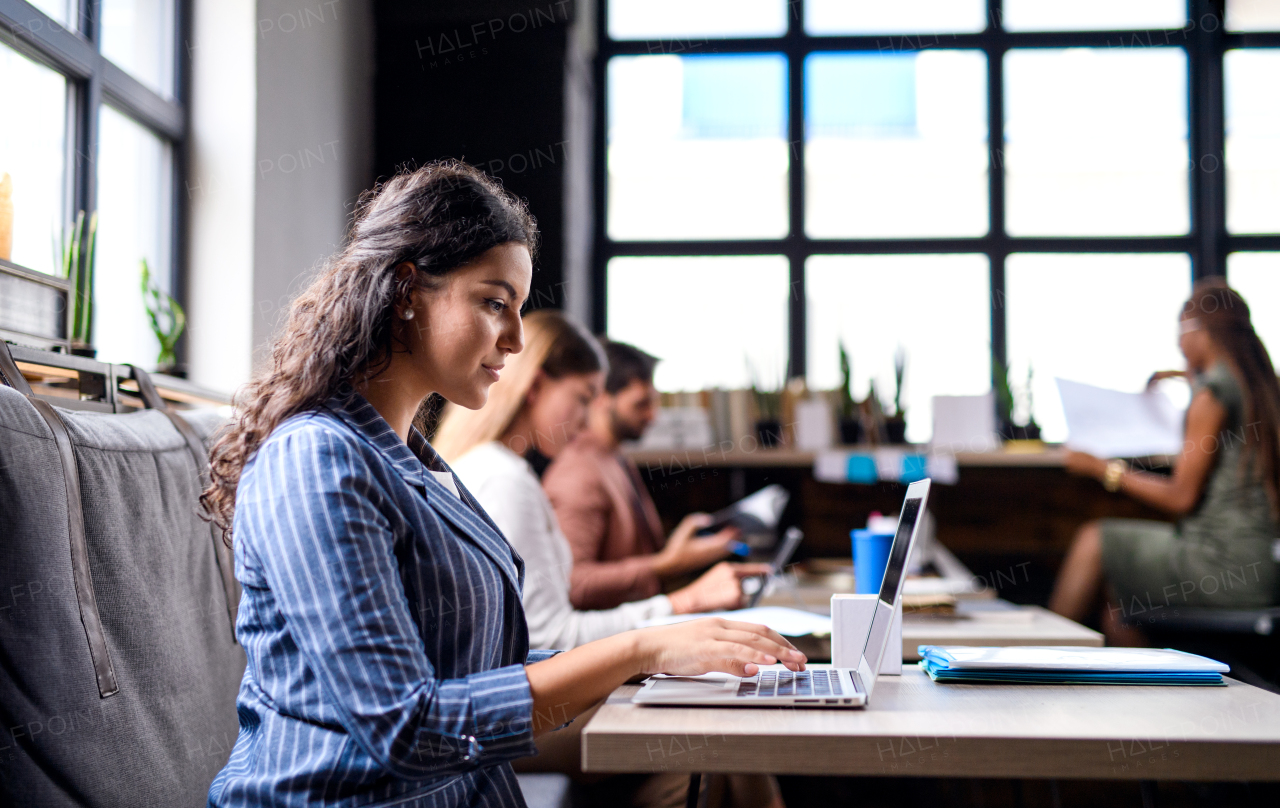 Portrait of young business people with laptop sitting and working indoors in office.