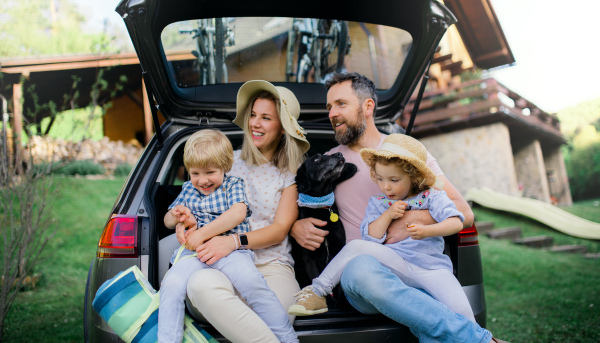 Family with two small children and dog going on cycling trip by car in countryside.