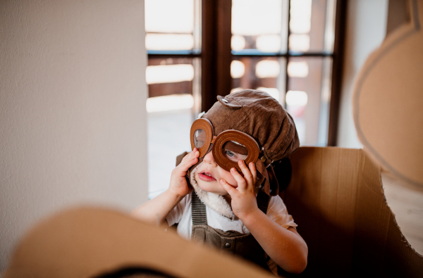 A happy toddler boy with carton plane playing indoors at home, flying concept.