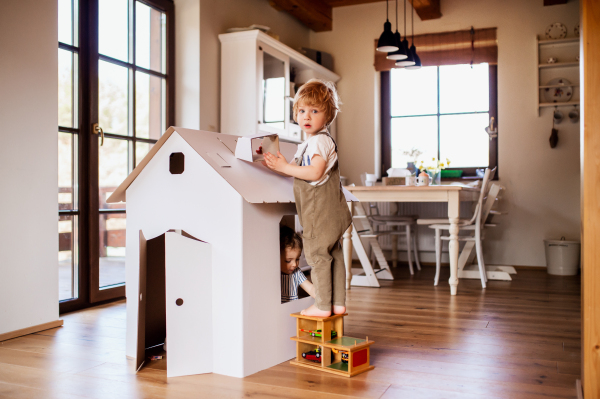 Two toddler children playing with a carton paper house indoors at home. Copy space.