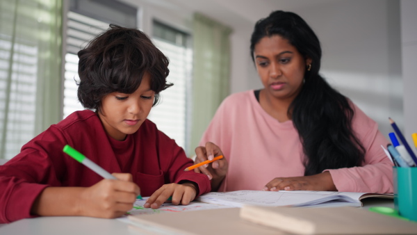 A little multiracial boy doing homework with his mother at home.