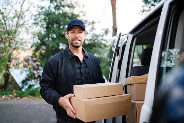 Front view of delivery man courier delivering parcel box in town. Copy space.