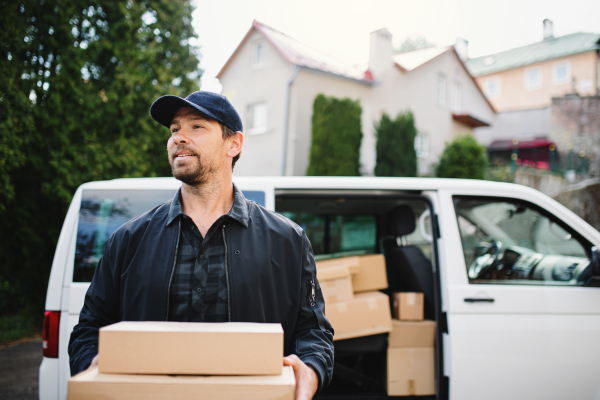 Front view of delivery man courier delivering parcel box in town. Copy space.