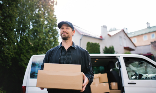 Front view portrait of delivery man courier delivering parcel box in town.