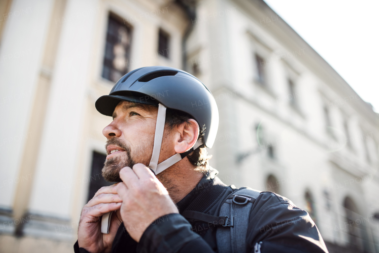 Delivery man courier fastening bicycle helmet in town, close-up.