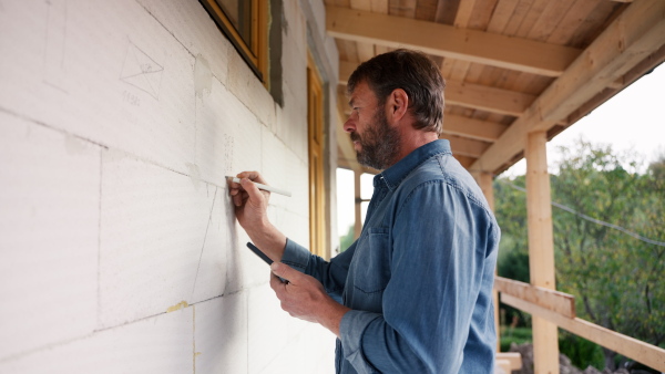 A handyman drawing on wall in construction site