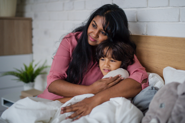 A happy Indian mother hugging her little son at home.