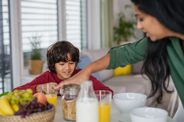 A little boy having breakfast with his mother at home.