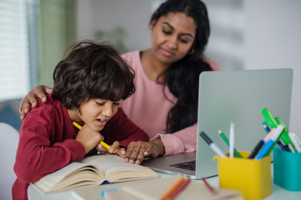 An Indian mother with little son using laptop and having online school lesson at home.