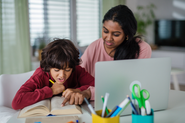 An Indian mother with little son using laptop and having online school lesson at home.