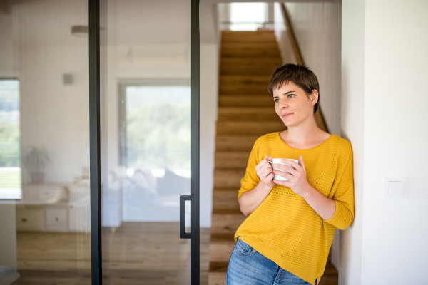 A portrait of young woman with coffee standing indoors at home, leaning on wall.