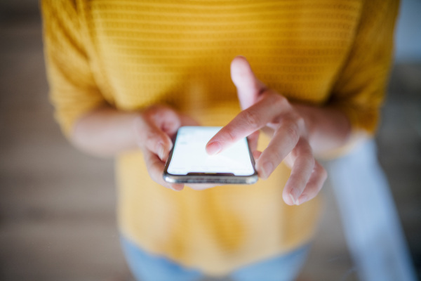 Midsection of young woman with smartphone standing indoors at home. Shot through glass.