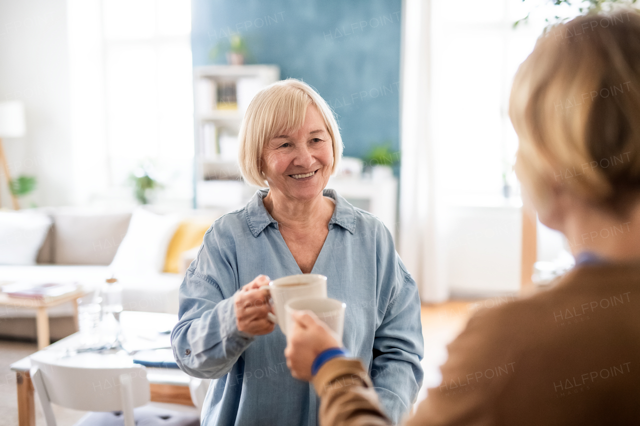 Senior woman with caregiver or healthcare worker indoors, drinking coffee and clinking cups.