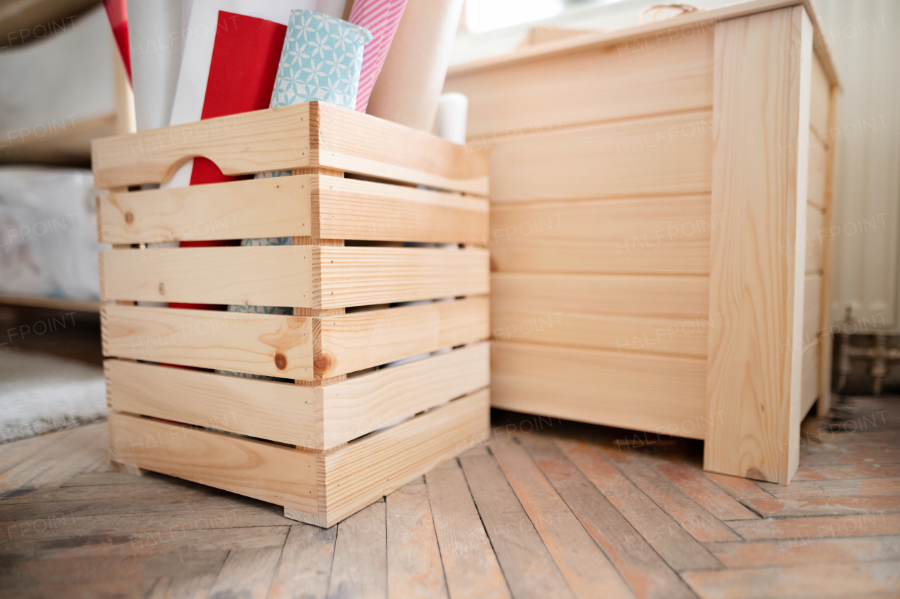 A wooden furniture boxes indoors in office, natural decor concept.