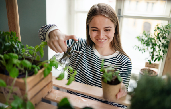 Young woman working at home, plant care concept. Coronavirus concept.