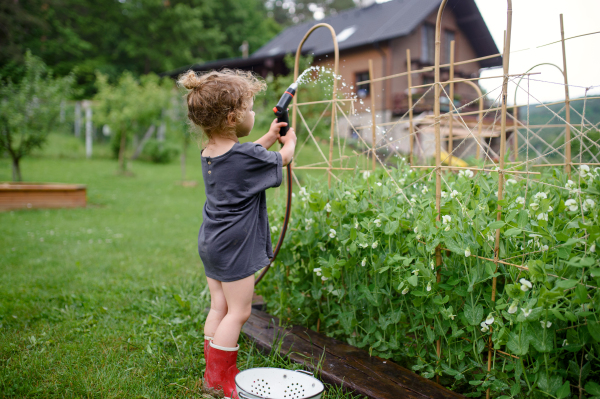 Side view of small girl working in vegetable garden, sustainable lifestyle concept.