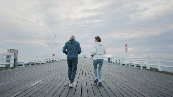 Rear view of happy senior couple running outdoors on pier by sea at the morning.