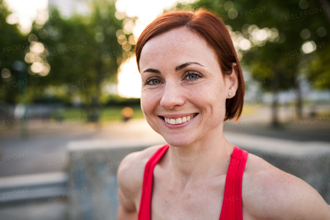 A front view of young woman standing outdoors in city, resting after exercise.