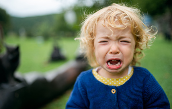 Front view portrait of small girl outdoors in garden, crying.