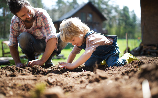 Mature father with small son working outdoors in garden, sustainable lifestyle concept.