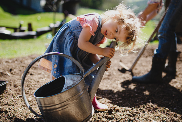 Small girl playing outdoors in garden, gardening and sustainable lifestyle concept.