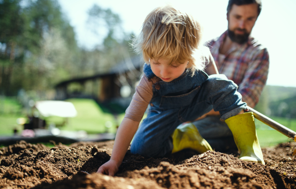 Mature father with small son working outdoors in garden, sustainable lifestyle concept.