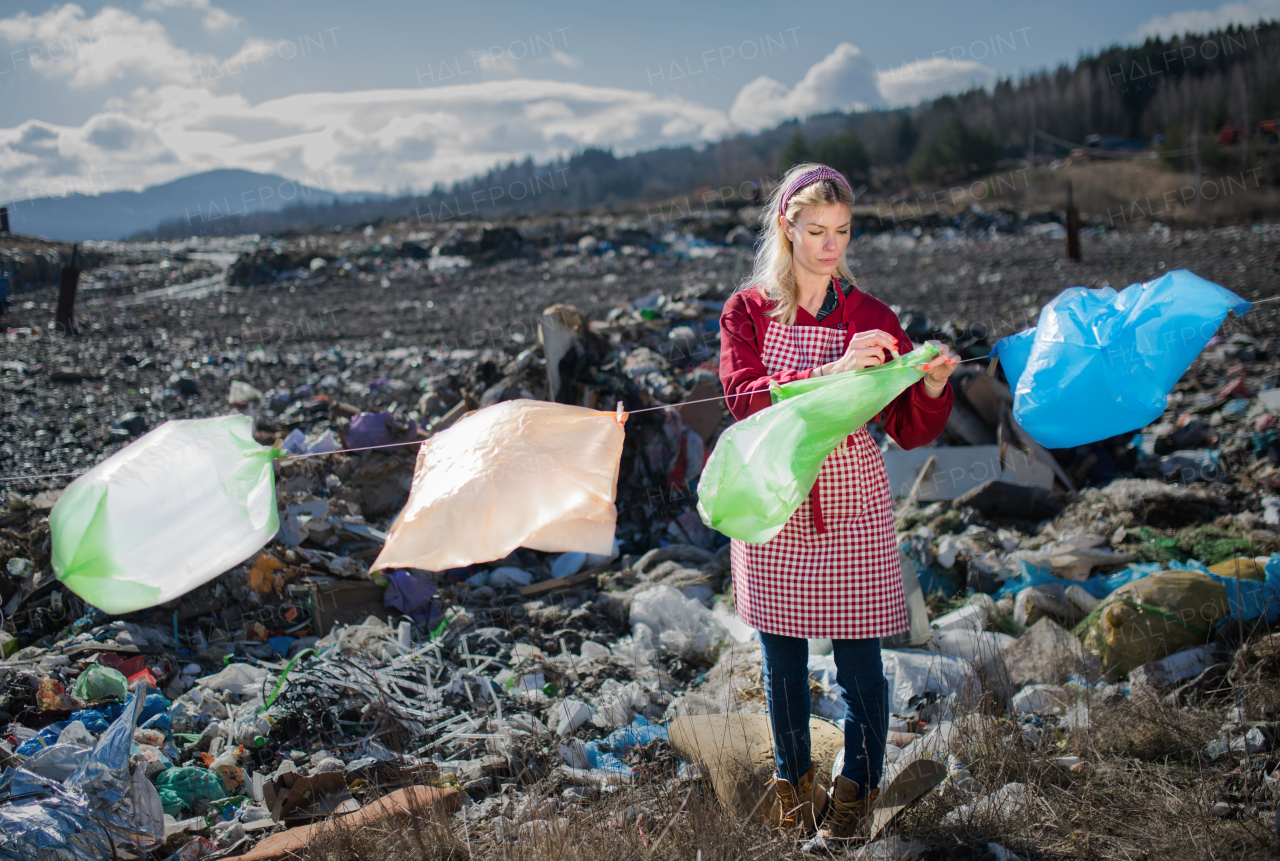 Fashionable modern woman on landfill, consumerism versus plastic pollution concept.