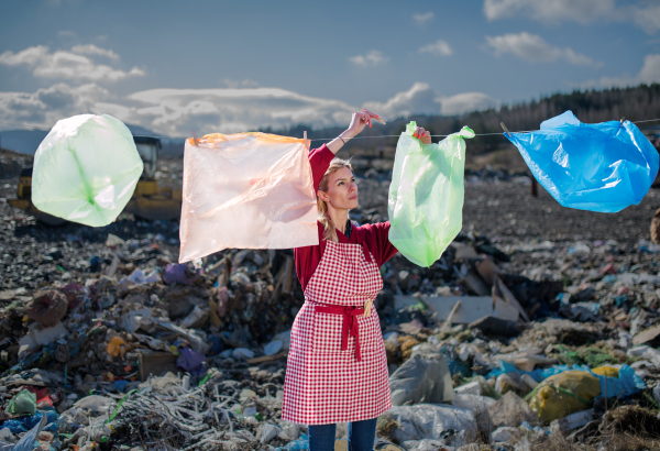 Woman housewife on landfill, consumerism versus plastic pollution concept.