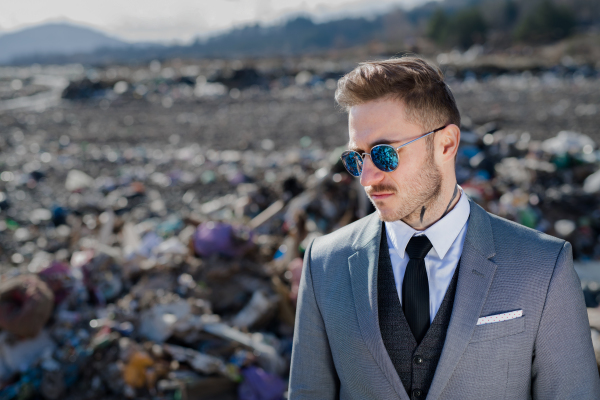 Fashionable modern businessman on landfill, consumerism versus pollution concept.