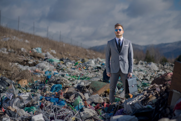 Fashionable modern businessman on landfill, consumerism versus pollution concept.