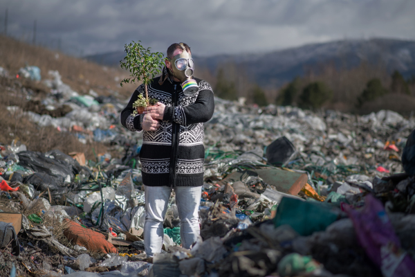 Man with gas mask and potted plant on landfill, environmental concept.