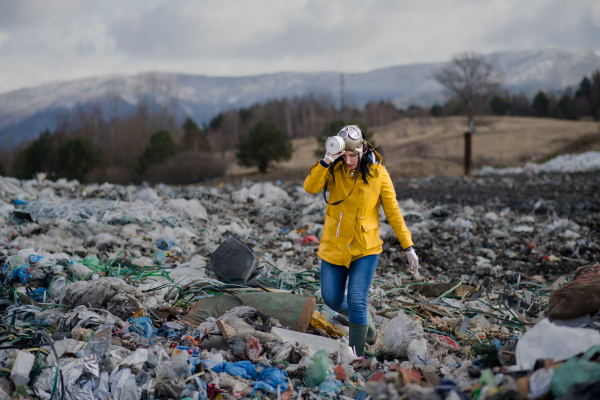 Woman with gas mask walking on landfill, environmental concept. Copy space.