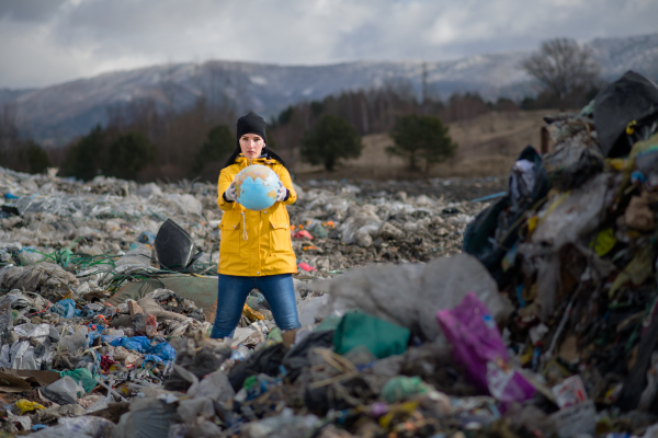 Front view of woman with globe standing on landfill, environmental concept. Copy space.