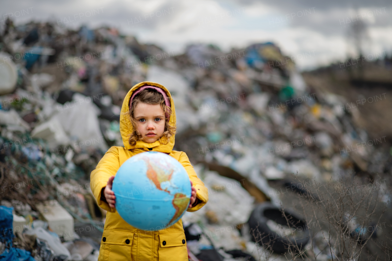 Front view of small child holding globe on landfill, environmental pollution concept.