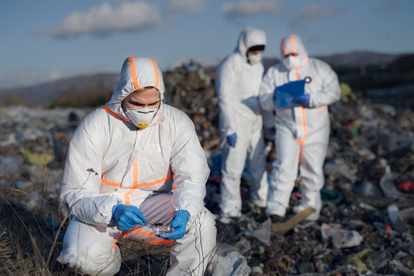 Group of activists with protective masks and suits on landfill, environmental pollution concept.