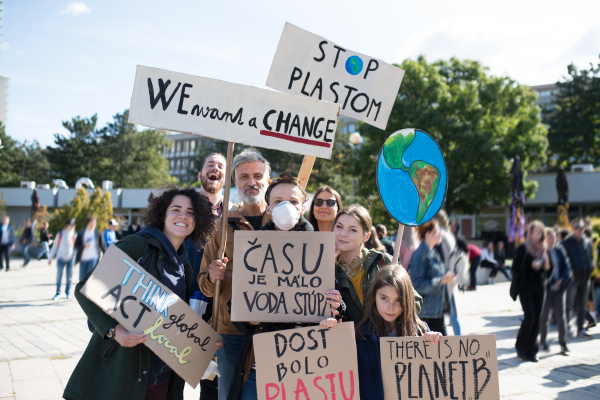 People with placards and posters on a global strike for climate change.