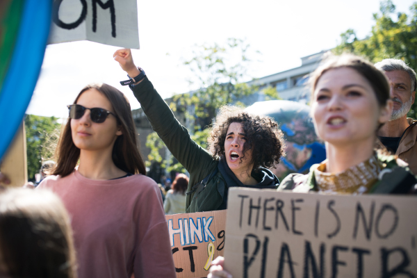 People with placards and posters on a global strike for climate change.