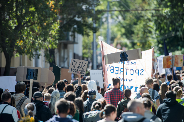 A rear view of people with placards and posters on global strike for climate change.