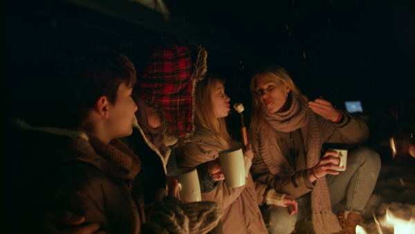 A family with two small daughters roasting marshmallows on campfire outdoors by cottage in winter at night.