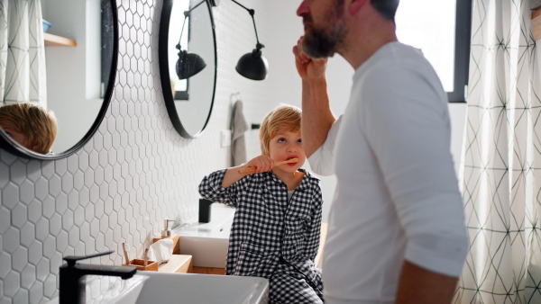 A father with small child indoors in bathroom in the morning at home, shaving.