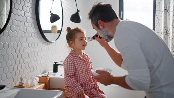 A father with small child indoors in bathroom in the morning at home, shaving.